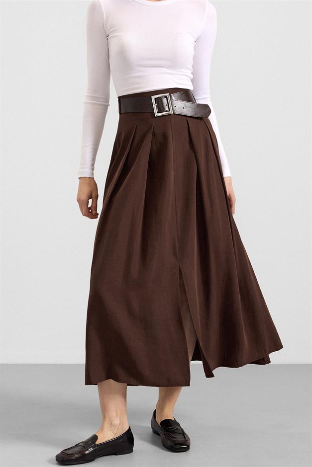 Kemer Detaylı Önden Yırtmaçlı Pileli Modal Etek KAHVE 7069