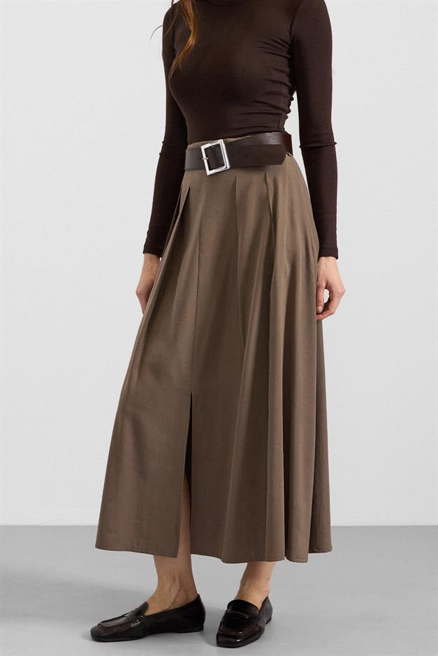 Kemer Detaylı Önden Yırtmaçlı Pileli Modal Etek HAKİ 7069