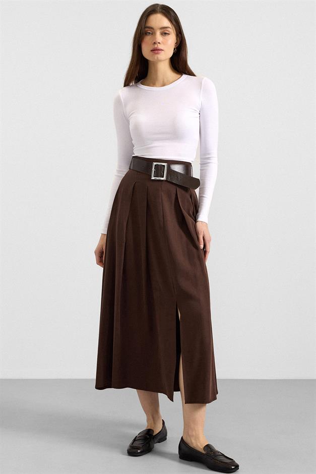 Kemer Detaylı Önden Yırtmaçlı Pileli Modal Etek KAHVE 7069