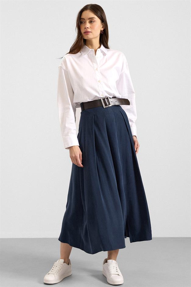 Kemer Detaylı Önden Yırtmaçlı Pileli Modal Etek LACİVERT 7069