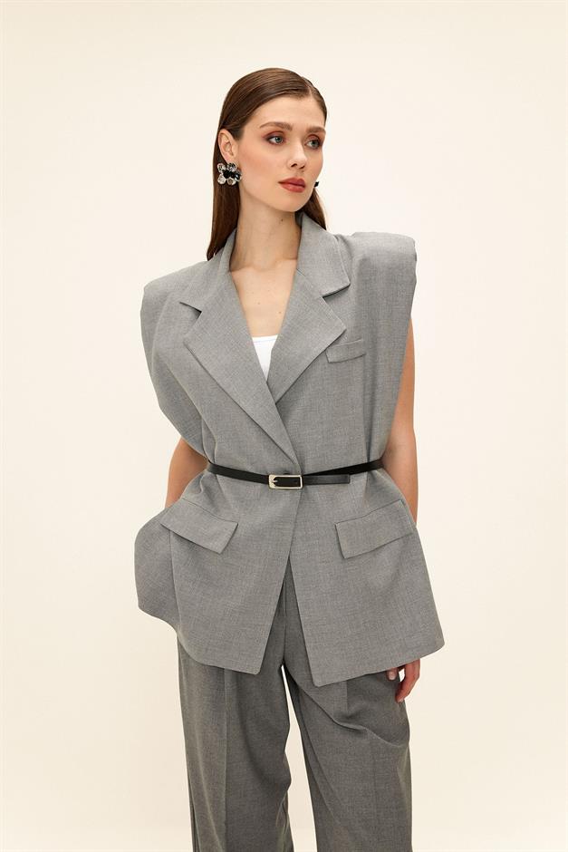 Oversized Vest with Belt Detail GREY 8261