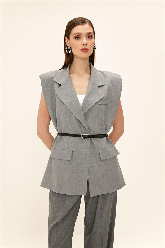 Oversized Vest with Belt Detail GREY 8261