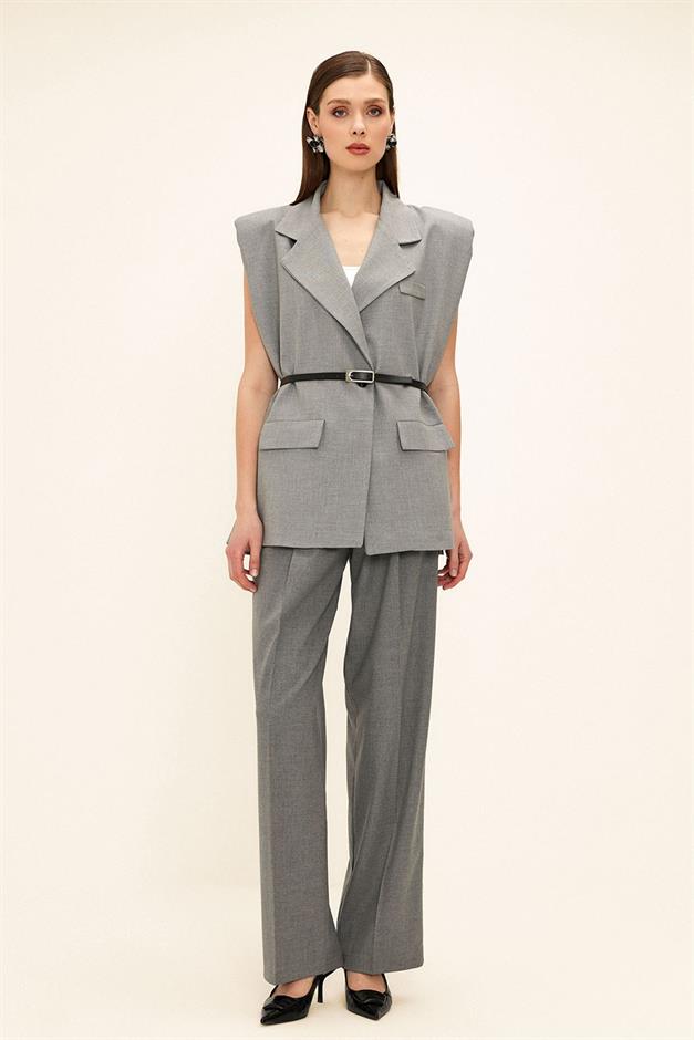 Oversized Vest with Belt Detail GREY 8261