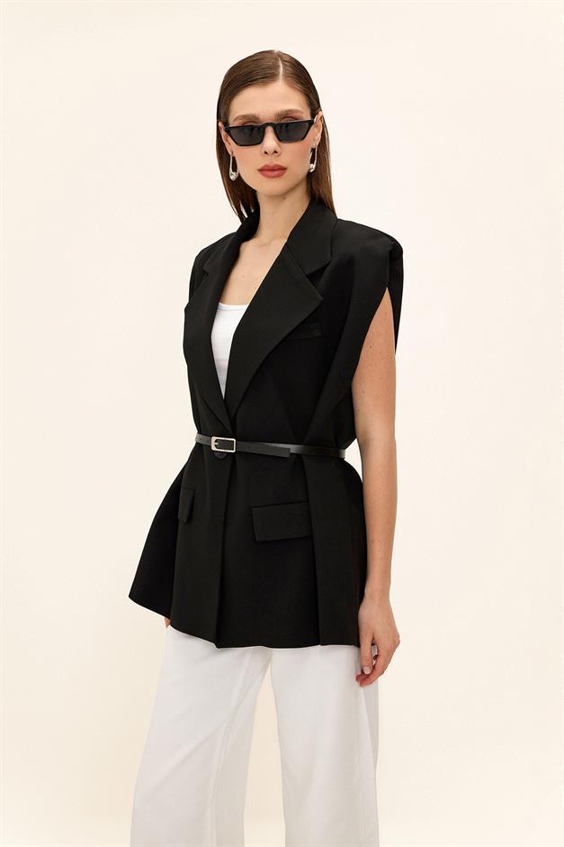 Oversized Vest with Belt Detail BLACK 8261