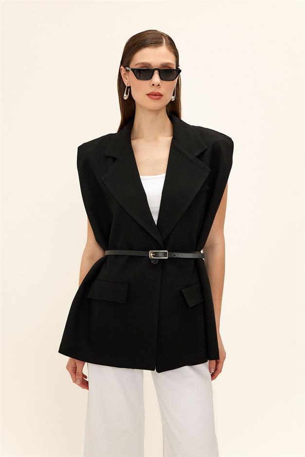 Oversized Vest with Belt Detail BLACK 8261