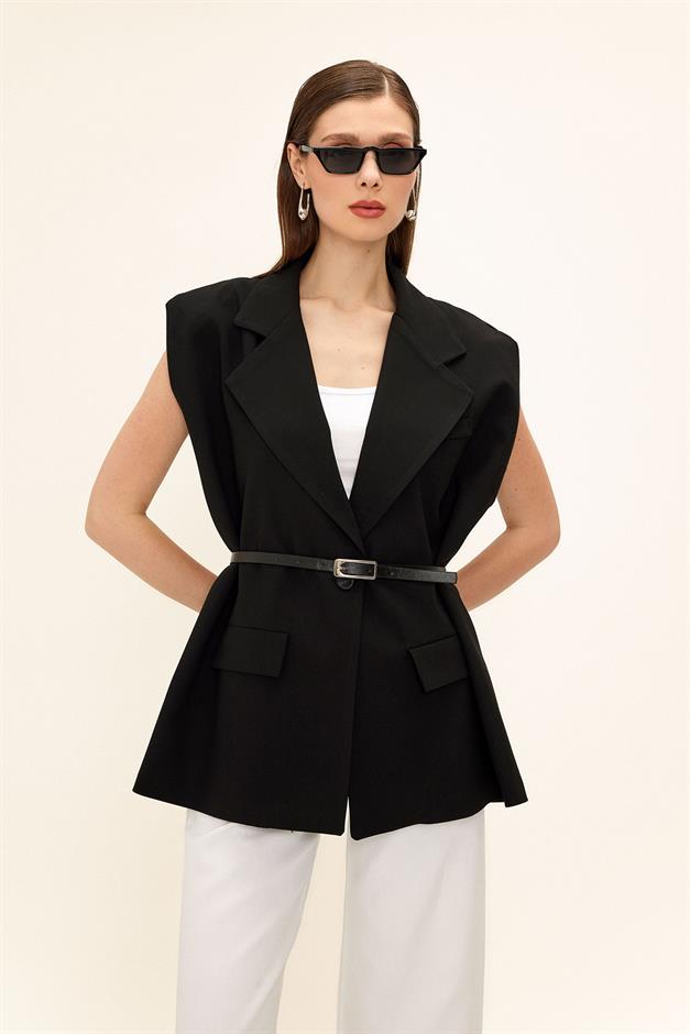 Oversized Vest with Belt Detail BLACK 8261