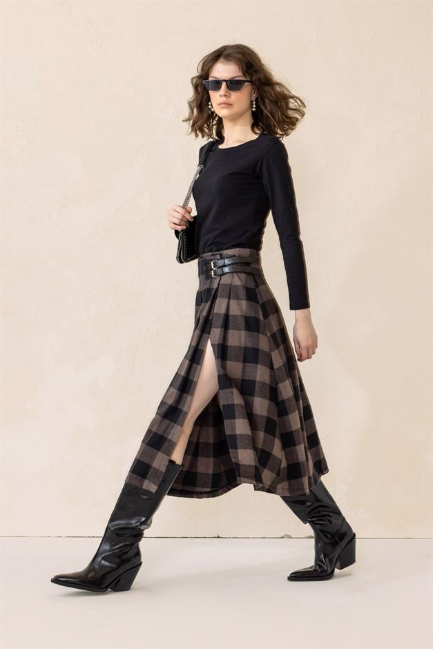 Belt Detailed Slit Flared Plaid Skirt COFFEE 7057