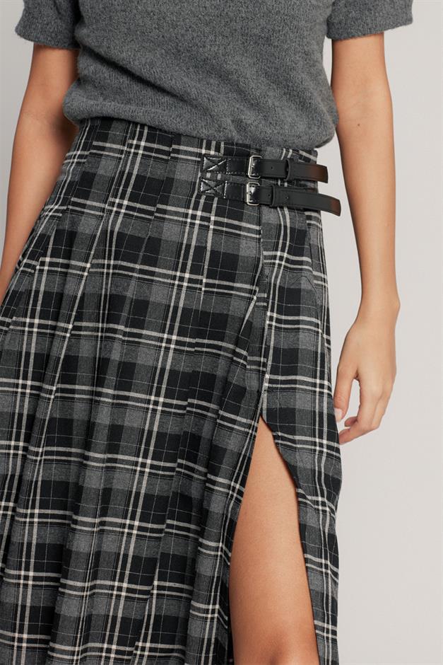 Kemer Detaylı Yırtmaçlı Kloş Ekose Etek KOYU GRİ 7057