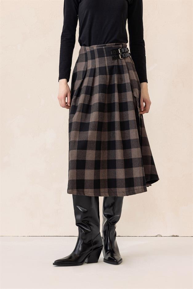 Belt Detailed Slit Flared Plaid Skirt COFFEE 7057