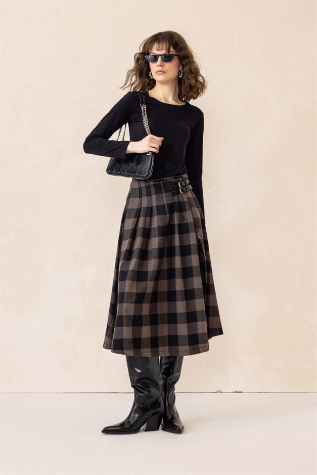 Belt Detailed Slit Flared Plaid Skirt COFFEE 7057