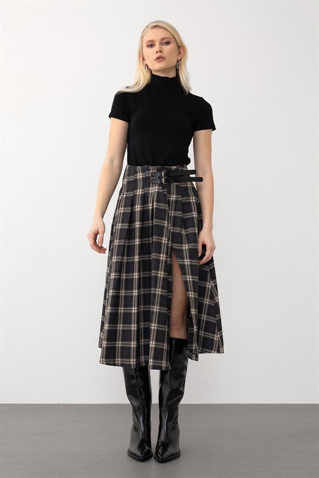 Belt Detailed Slit Flared Plaid Skirt HARD COAL 7057