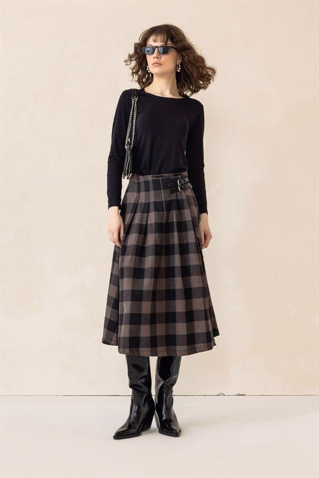 Belt Detailed Slit Flared Plaid Skirt COFFEE 7057