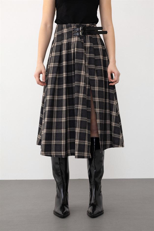 Belt Detailed Slit Flared Plaid Skirt HARD COAL 7057