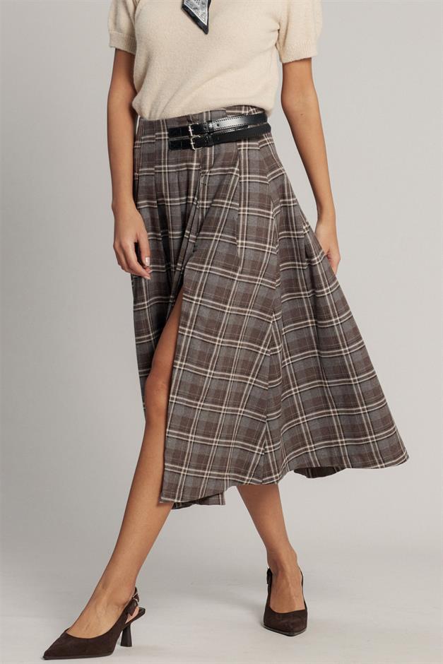 Kemer Detaylı Yırtmaçlı Kloş Ekose Etek A.KAHVE 7057