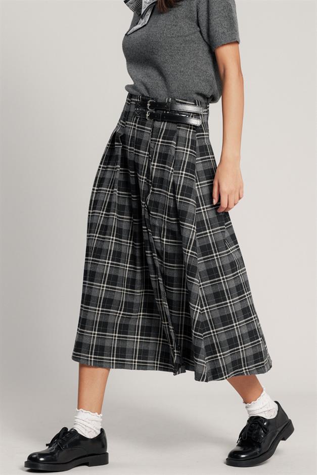 Kemer Detaylı Yırtmaçlı Kloş Ekose Etek KOYU GRİ 7057