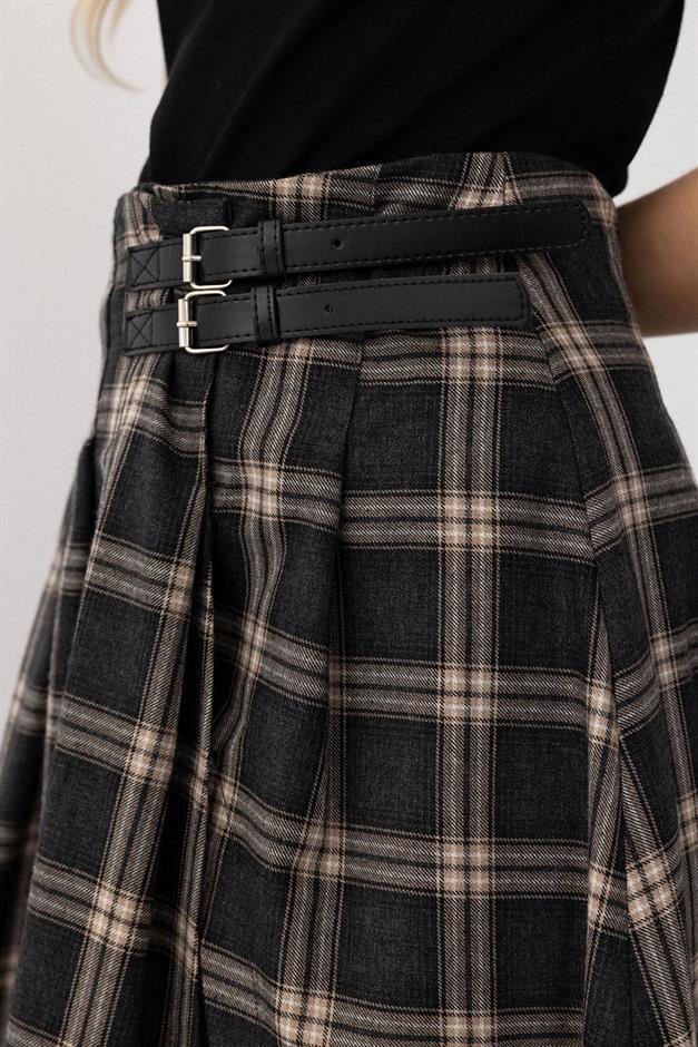 Belt Detailed Slit Flared Plaid Skirt HARD COAL 7057