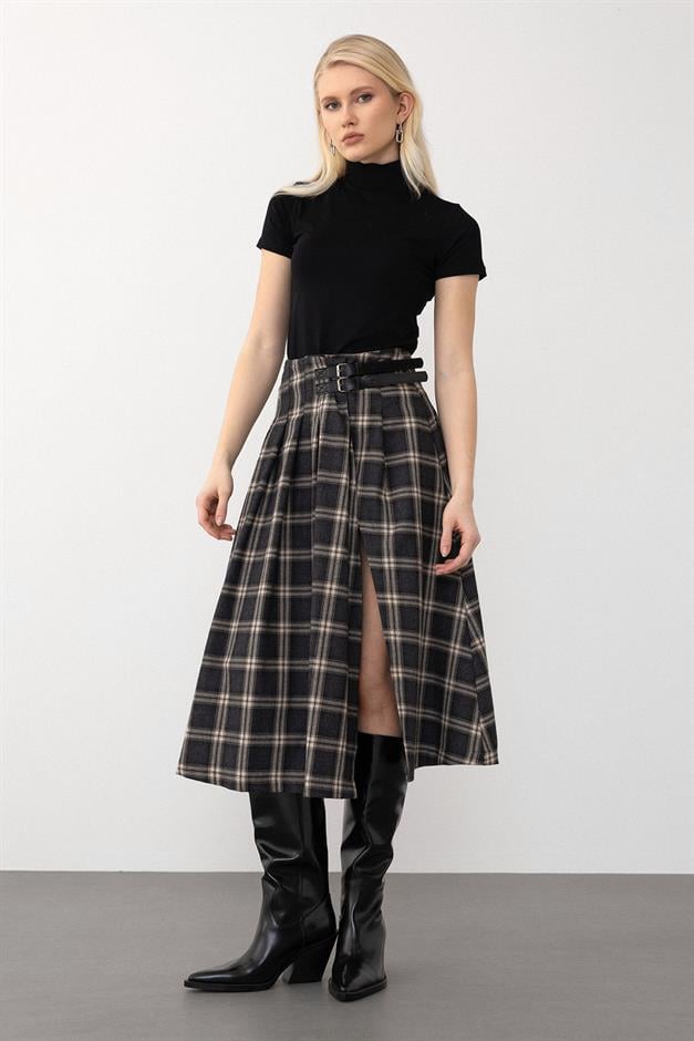 Belt Detailed Slit Flared Plaid Skirt HARD COAL 7057