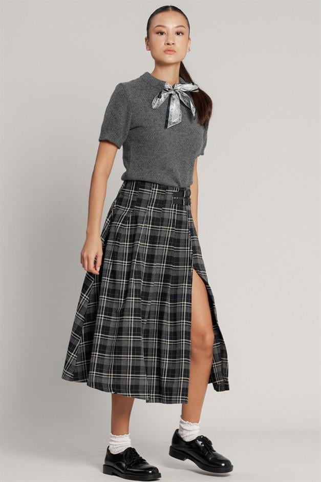 Kemer Detaylı Yırtmaçlı Kloş Ekose Etek KOYU GRİ 7057