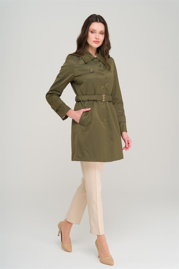 معطف ترنش قصير مع حزام برباط وبطانة مقاومة للماء أ.حاكي 6684