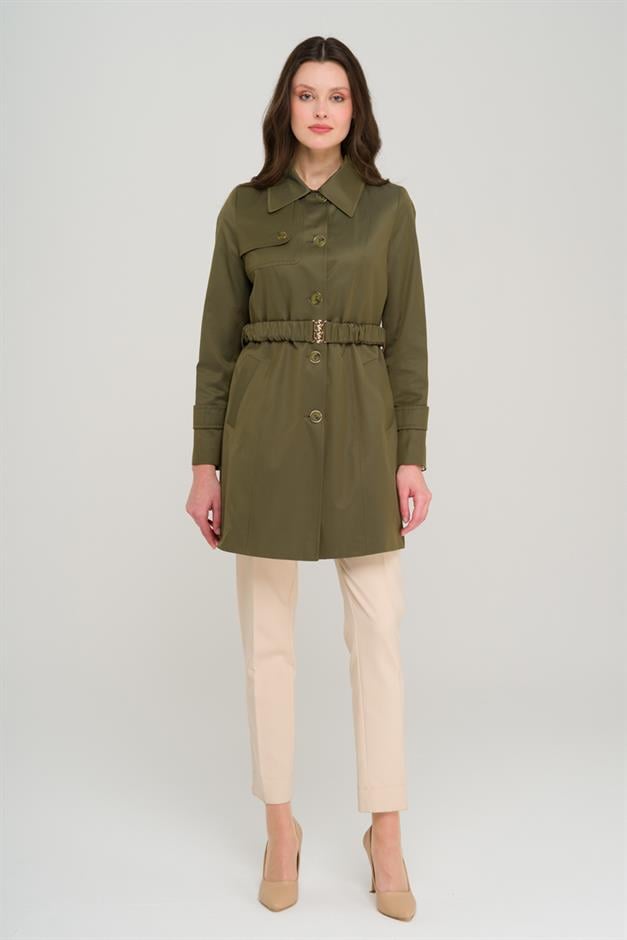 معطف ترنش قصير مع حزام برباط وبطانة مقاومة للماء أ.حاكي 6684