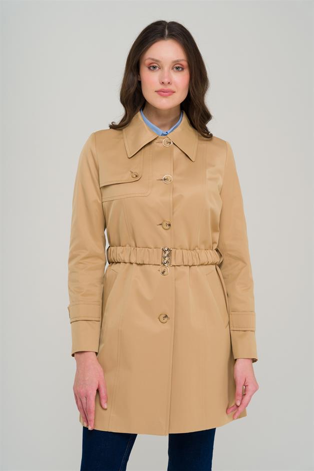 معطف ترنش قصير مع حزام برباط وبطانة مقاومة للماء كامل 6684