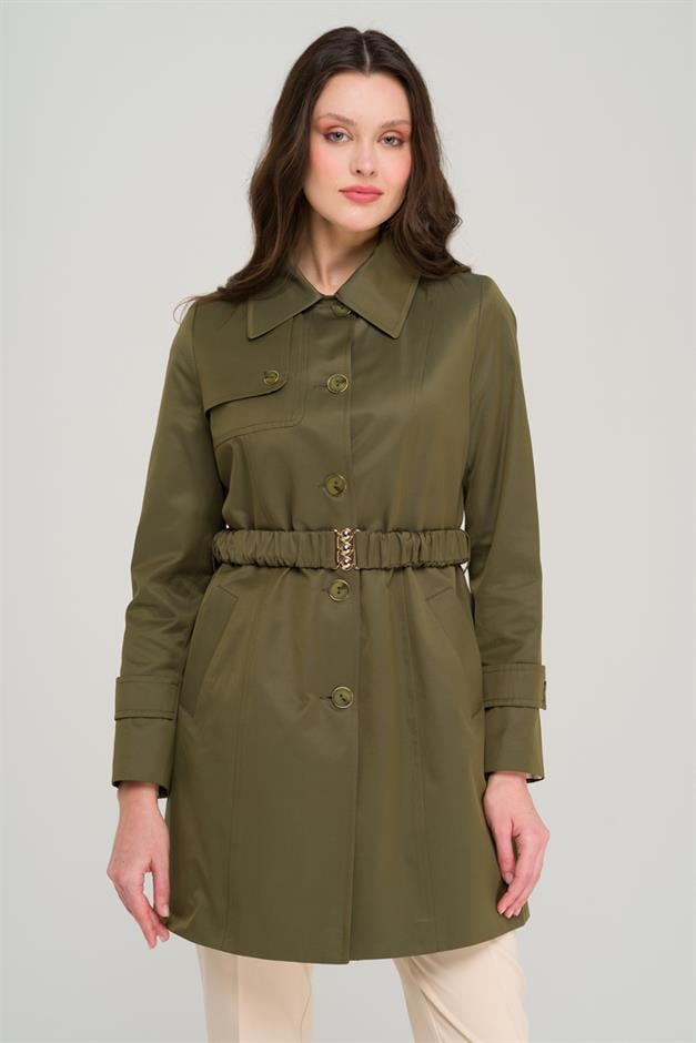 معطف ترنش قصير مع حزام برباط وبطانة مقاومة للماء أ.حاكي 6684