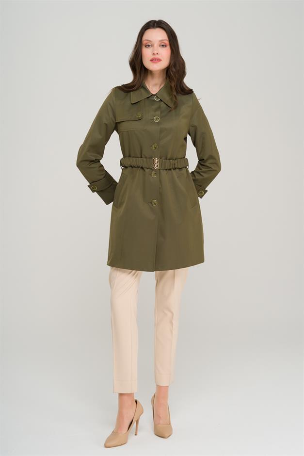 معطف ترنش قصير مع حزام برباط وبطانة مقاومة للماء أ.حاكي 6684