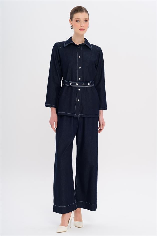 Denim Suit with Jacket and Trousers and Snap Belt Detail NAVY 9344-TK