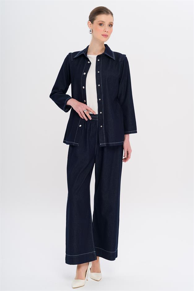 Denim Suit with Jacket and Trousers and Snap Belt Detail NAVY 9344-TK
