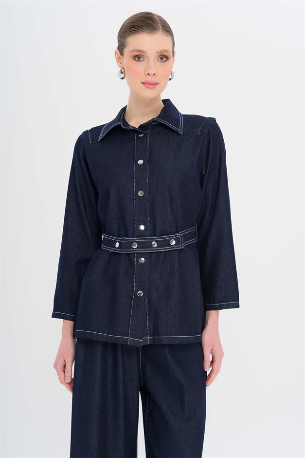 Denim Suit with Jacket and Trousers and Snap Belt Detail NAVY 9344-TK