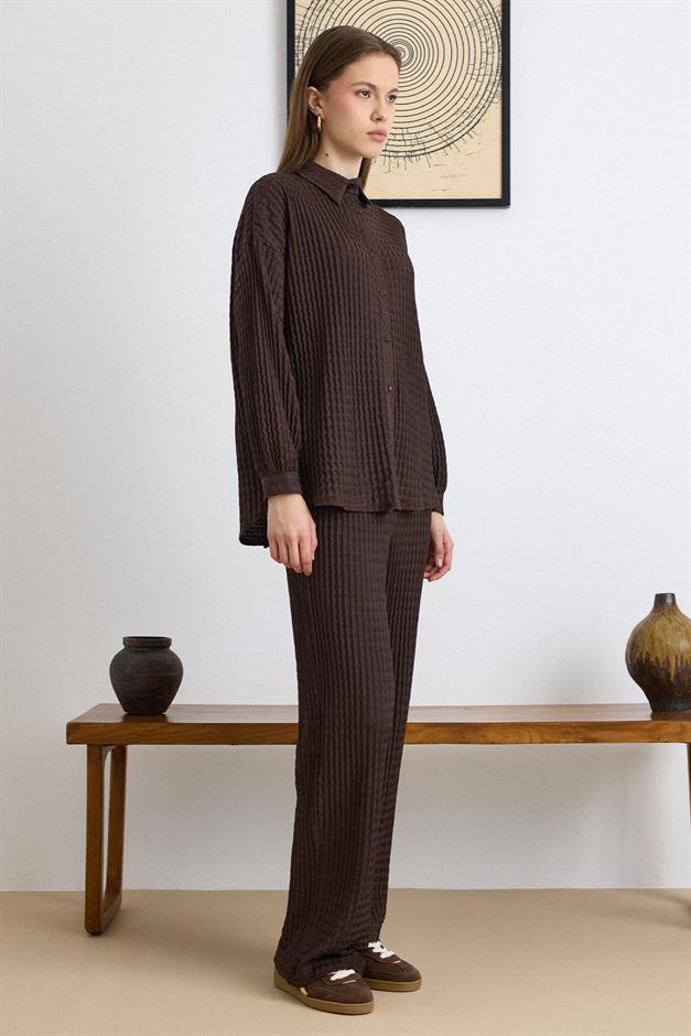 Kendinden Desenli Gömlek Pantolon İkili Takım KAHVE 9412-TK