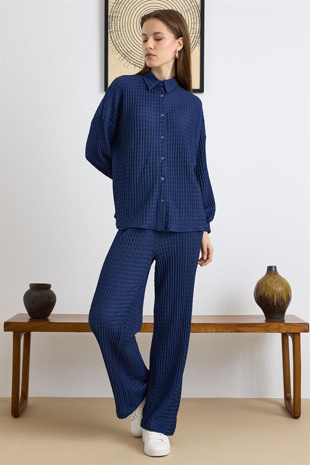 Kendinden Desenli Gömlek Pantolon İkili Takım LACİVERT 9412-TK