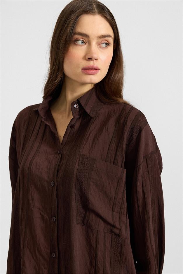 Kendinden Desenli Salaş Gömlek KAHVE 9408