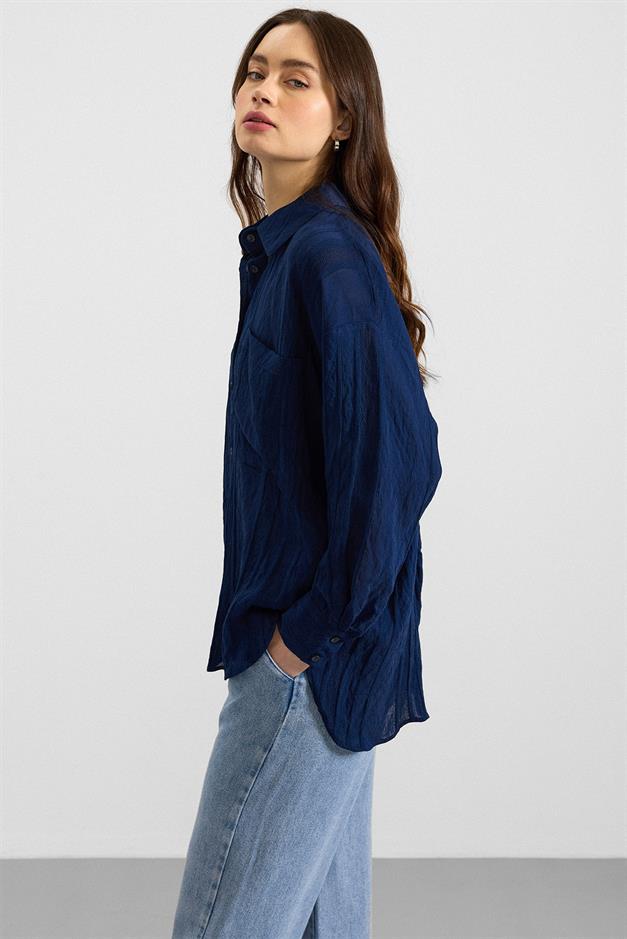 Kendinden Desenli Salaş Gömlek LACİVERT 9408