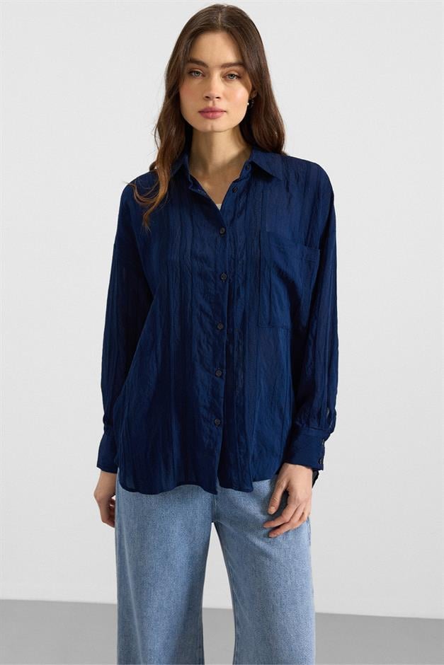 Kendinden Desenli Salaş Gömlek LACİVERT 9408