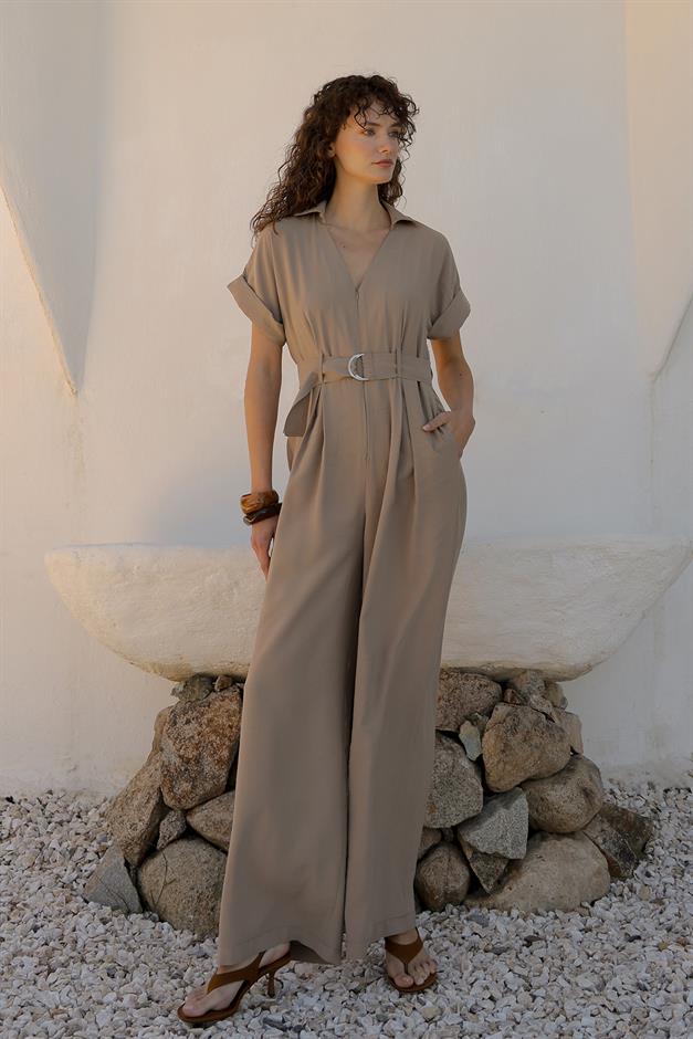 Short Sleeve Belt Detailed Modal Jumpsuit IVORY 9342