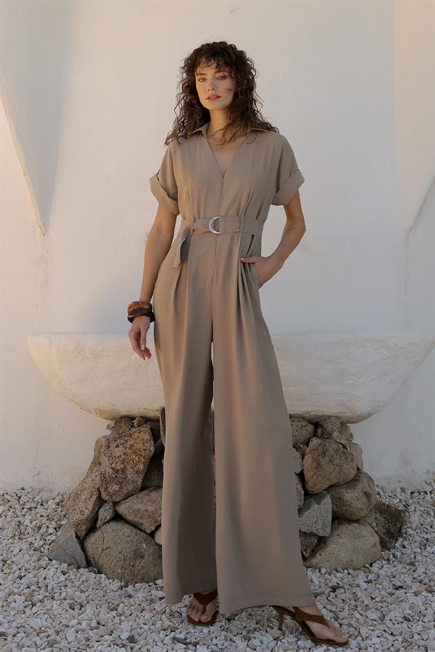 Short Sleeve Belt Detailed Modal Jumpsuit IVORY 9342