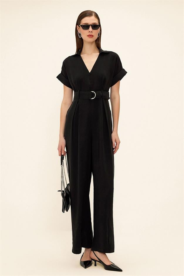 Short Sleeve Belt Detailed Modal Jumpsuit BLACK 9342