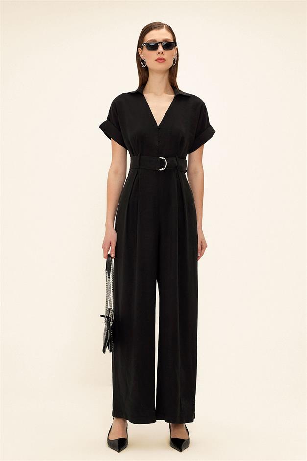 Short Sleeve Belt Detailed Modal Jumpsuit BLACK 9342