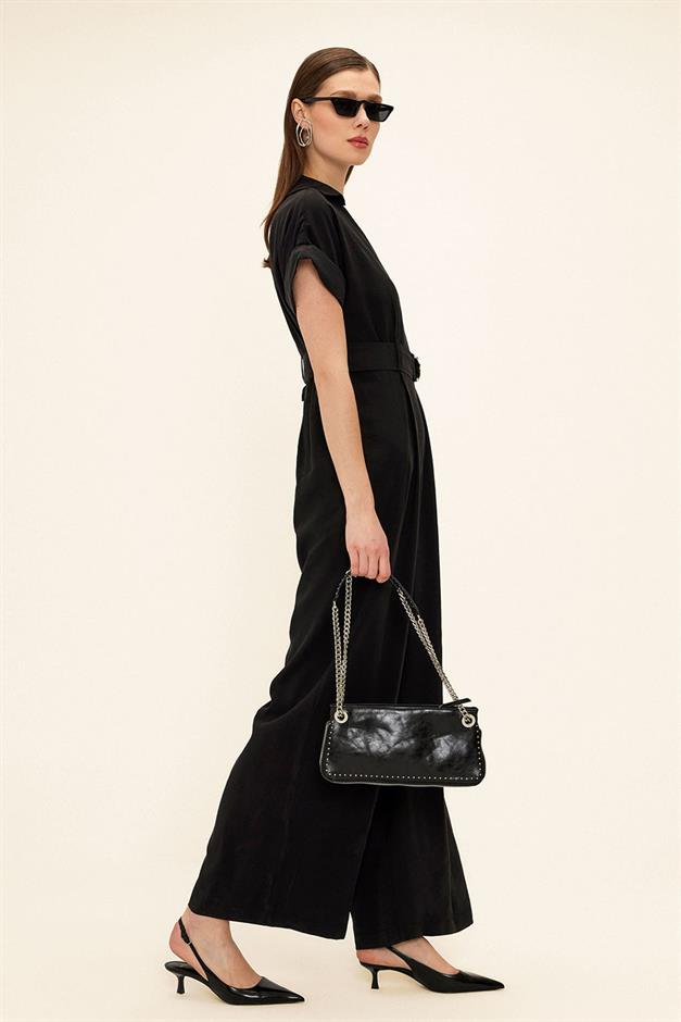 Short Sleeve Belt Detailed Modal Jumpsuit BLACK 9342