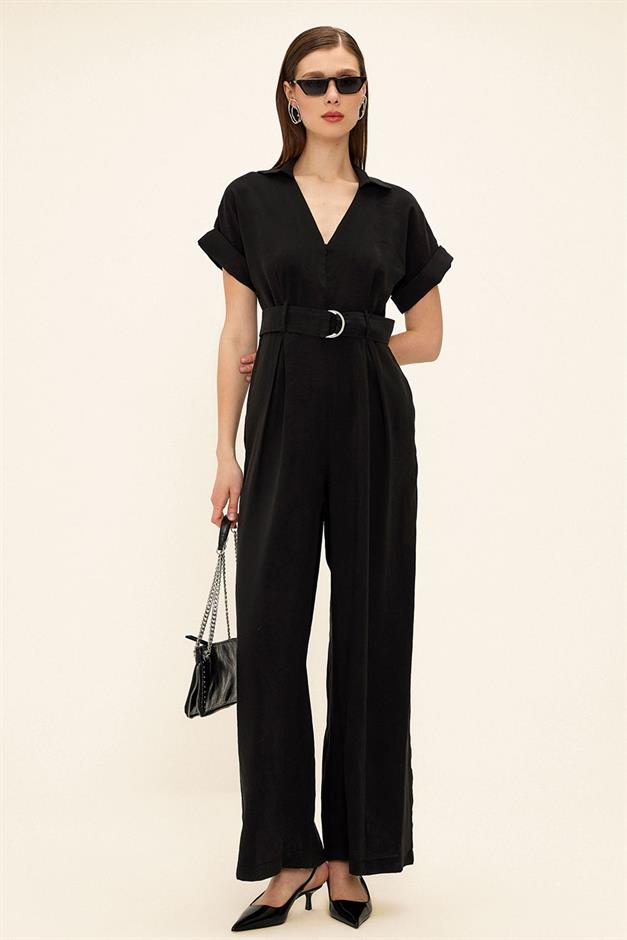 Short Sleeve Belt Detailed Modal Jumpsuit BLACK 9342