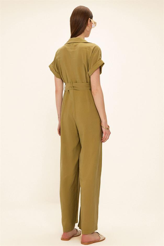 Short Sleeve Belt Detailed Modal Jumpsuit GREEN 9342