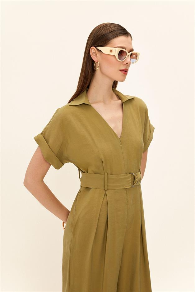 Short Sleeve Belt Detailed Modal Jumpsuit GREEN 9342