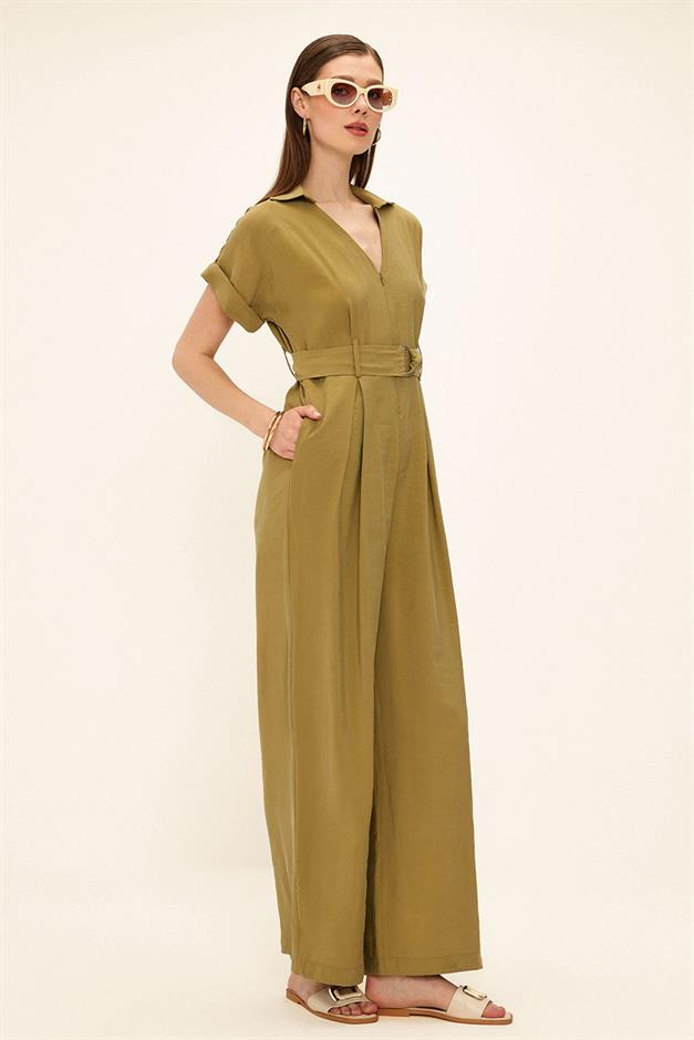 Short Sleeve Belt Detailed Modal Jumpsuit GREEN 9342