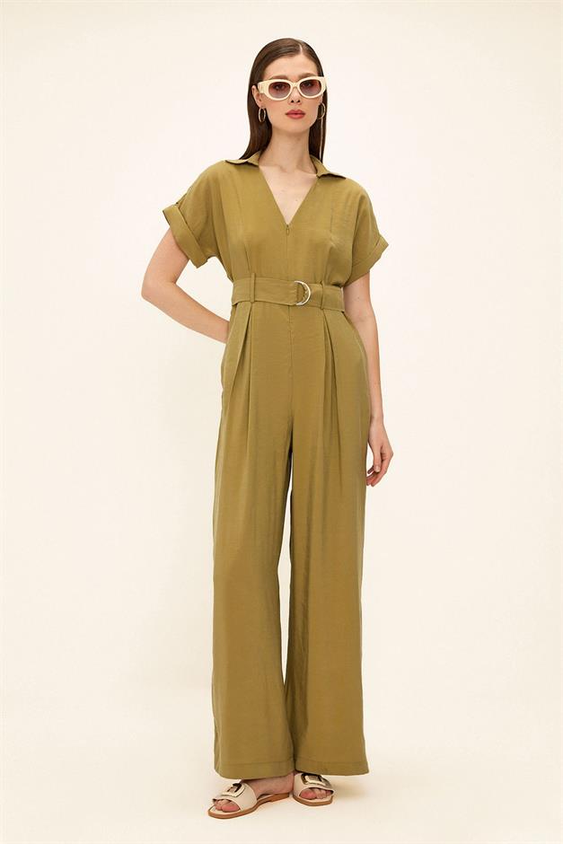 Short Sleeve Belt Detailed Modal Jumpsuit GREEN 9342