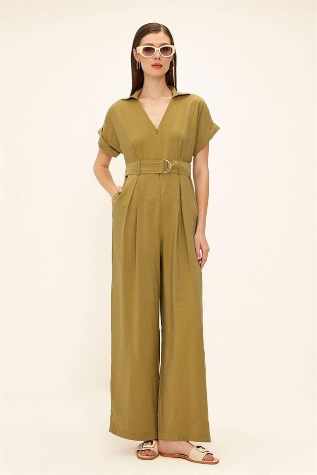 Short Sleeve Belt Detailed Modal Jumpsuit GREEN 9342
