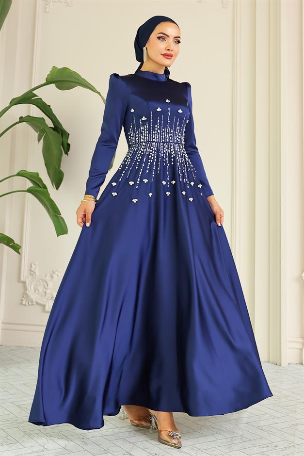 فستان سهرة ساتان محجبات بنقشة حجرية من الأمام الأزرق الداكن 1680