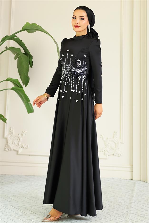 فستان سهرة ساتان محجبات بنقشة حجرية من الأمام أسود 1680