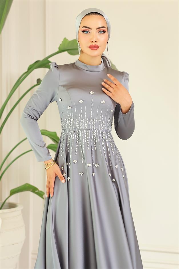 فستان سهرة ساتان محجبات بنقشة حجرية من الأمام فضي 1680