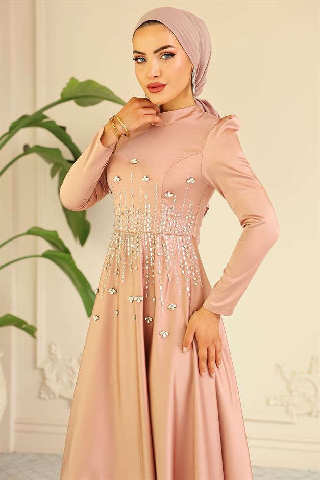 فستان سهرة ساتان محجبات بنقشة حجرية من الأمام مسحوق 1680